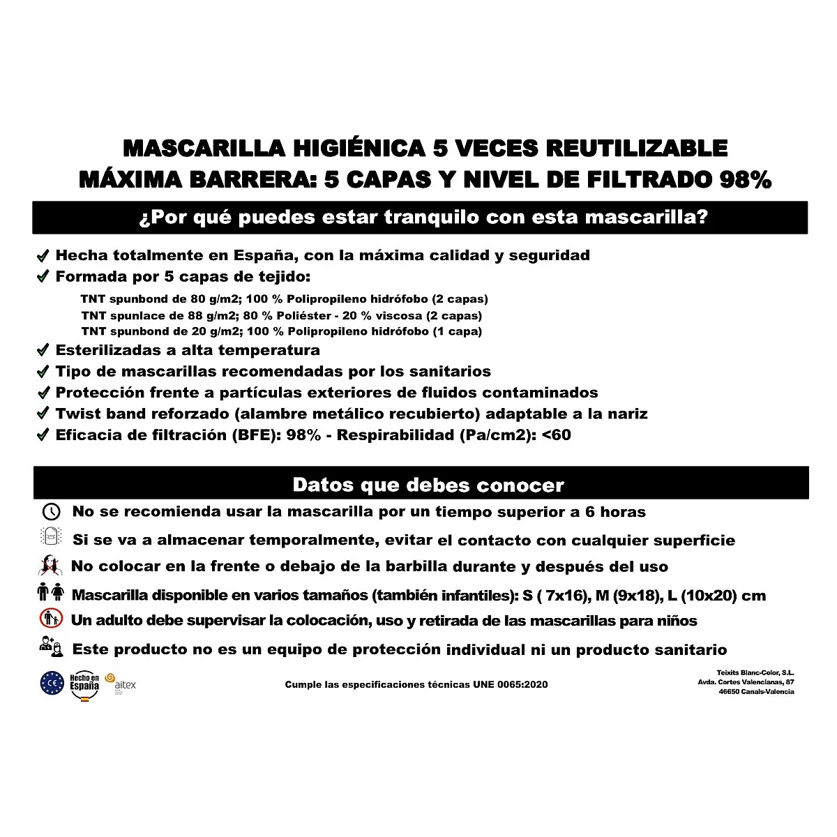 20 MASCARILLAS HIGIÉNICAS REUTILIZABLES PARA NIÑOS. 98% FILTRACIÓN
