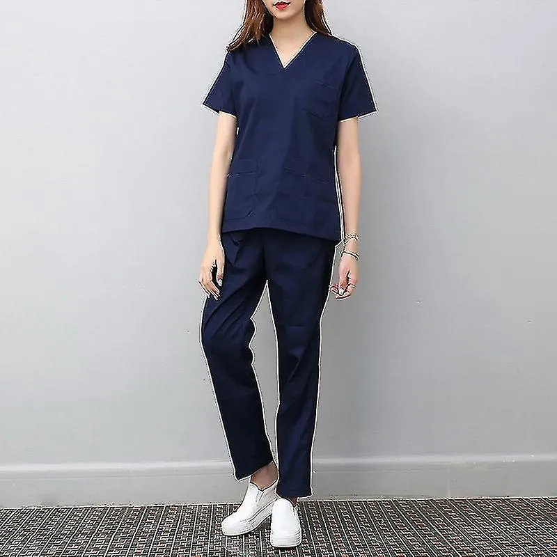 2pcs Scrubs Set Spa Uniformes Trabajadores de la salud Uniforme Ropa Esteticista Ropa de trabajo Scrubs Tops Pantalones Unisex M