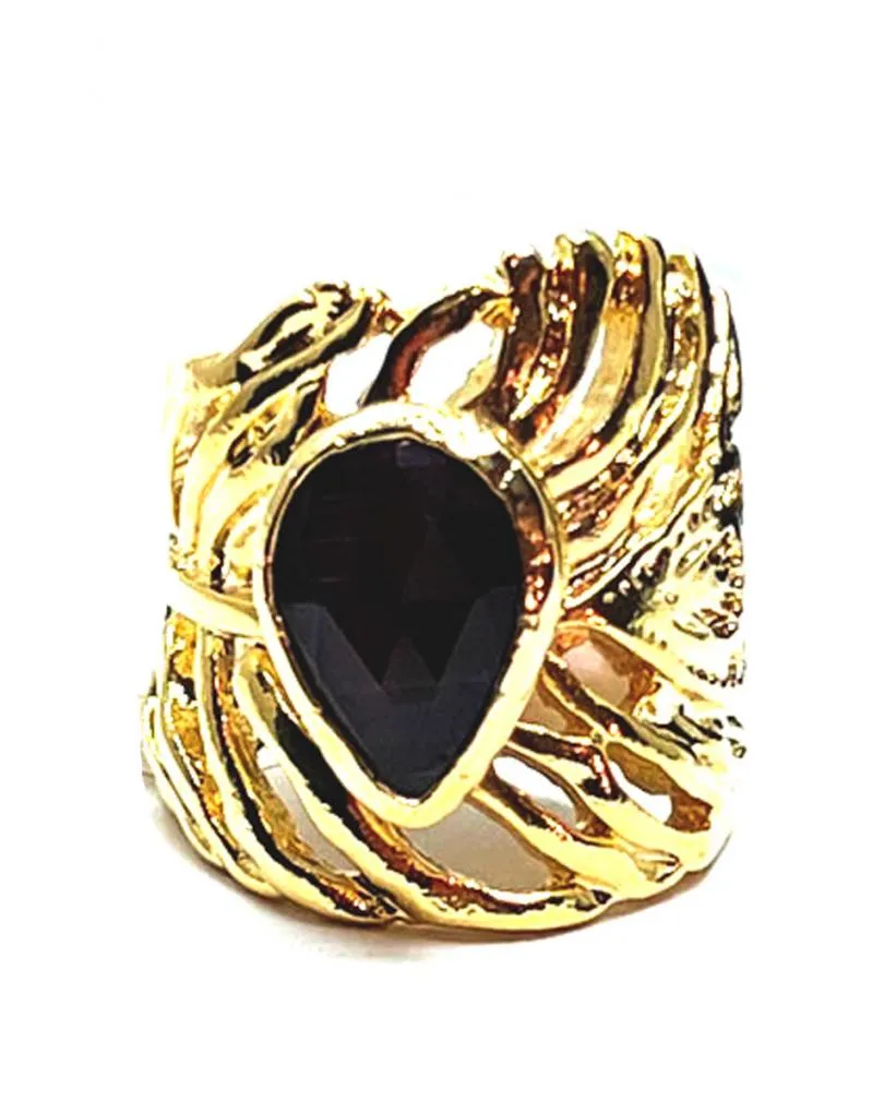 ANILLOS DORADOS GRANDES CON PIEDRA MARRON DISEÑO DE HOJA