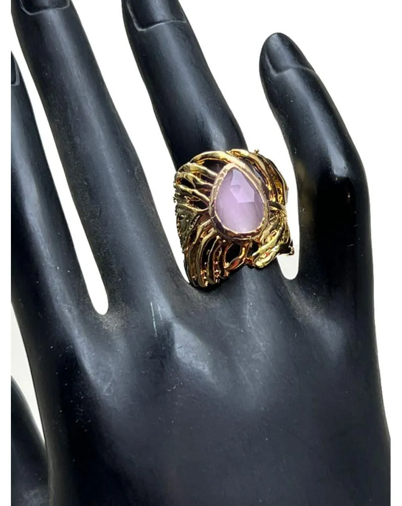 ANILLOS DORADOS GRANDES CON PIEDRA ROSADA DISEÑO DE HOJA
