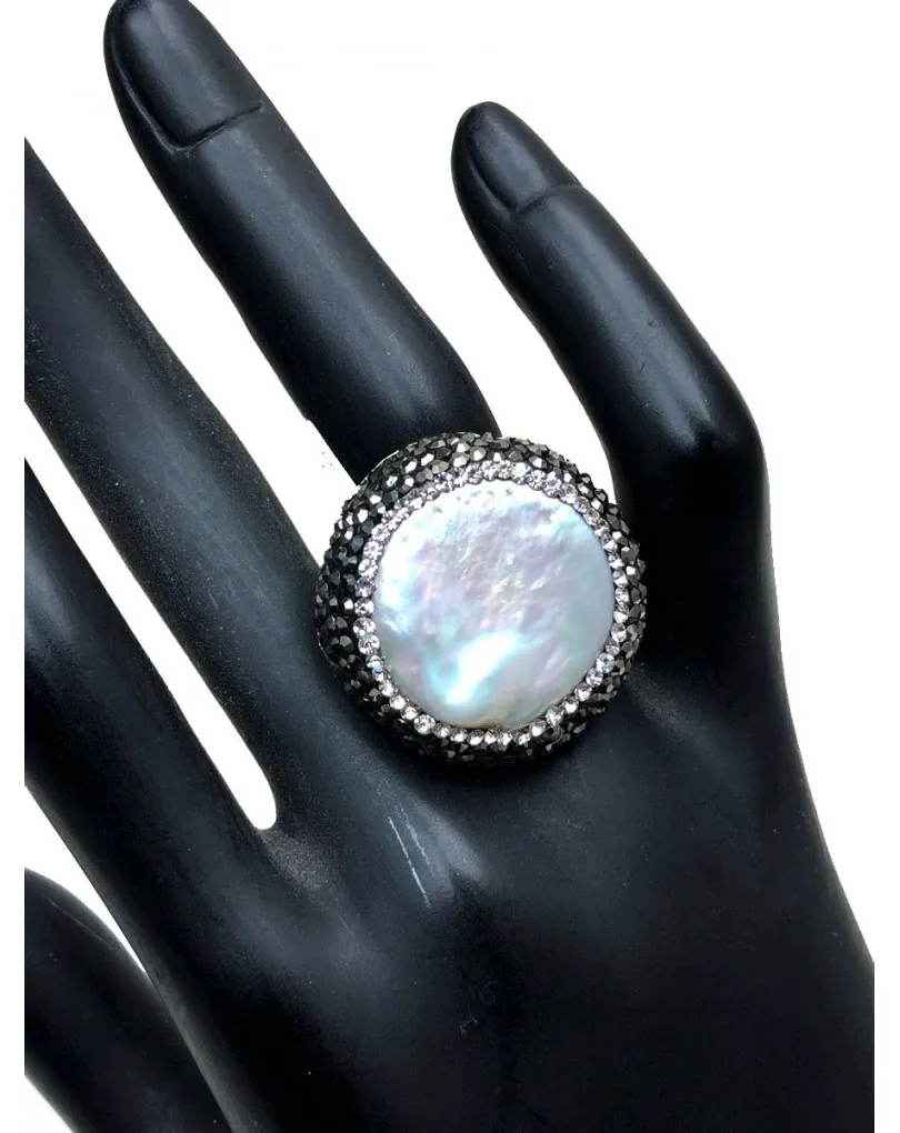 ANILLOS MUJER GRANDES, PRECIOSO DISEÑO DE GRAN PERLA CUBIERTA DE CIRCONITAS Y ANTRACITA