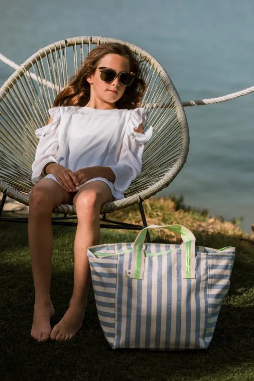 BOLSA DE PLAYA PARA NIÑOS DE LINO RESINADO – RAYAS AZULES