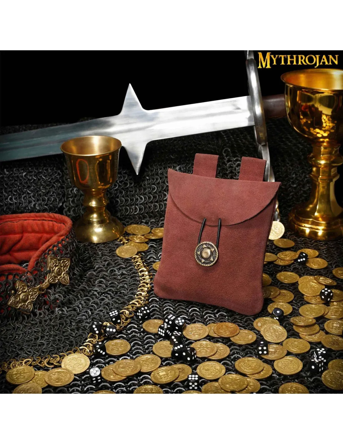 Bolsa medieval, tipo riñonera, en cuero de gamuza (13,9x12,9 cm.)