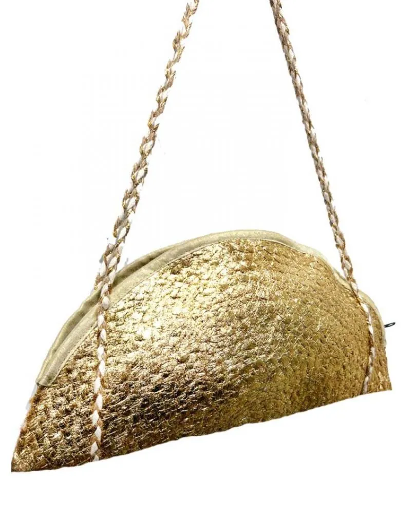 BOLSO DE VERANO DE YUTE DORADO DISEÑO ABANICO CON CONCHAS