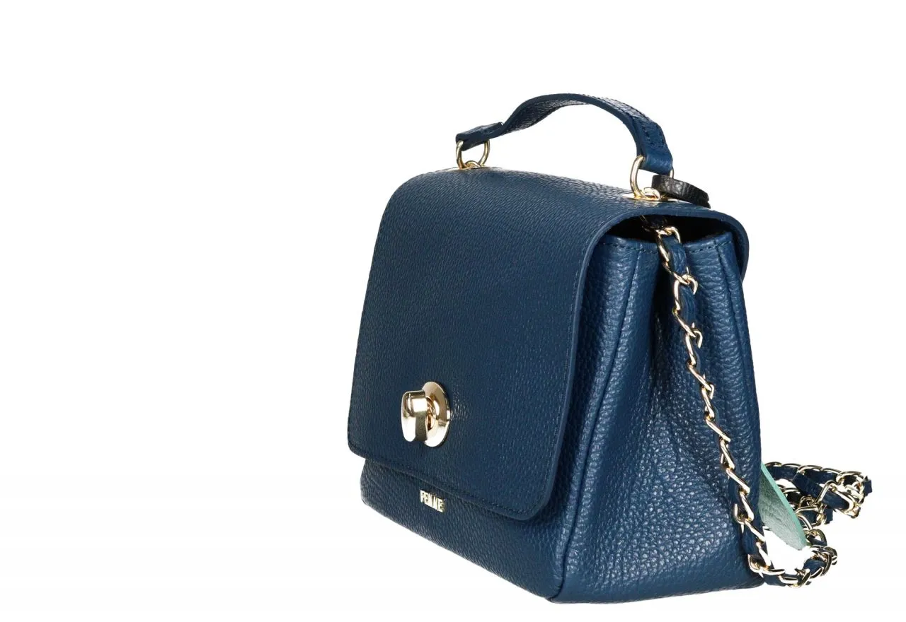 Bolso Piel Azul Tapa Broche Metal Cadena Pasados Regulable