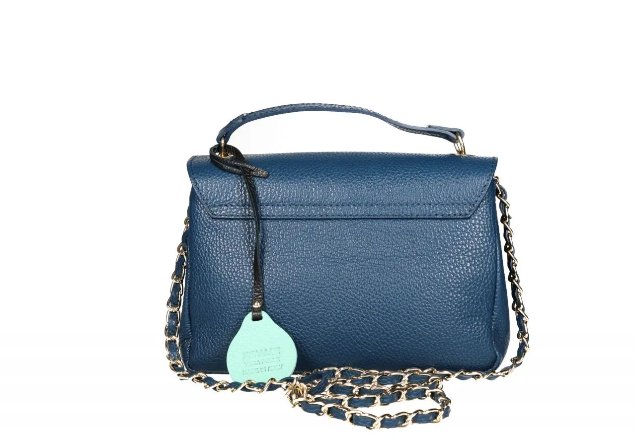 Bolso Piel Azul Tapa Broche Metal Cadena Pasados Regulable