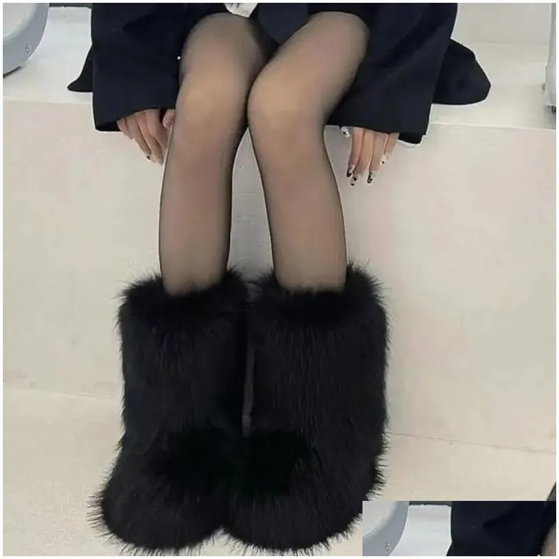 Botas zapatos de invierno para mujeres esponjes fox fox pelaje p nieve tibia calzado lujoso de lujo accesorios de entrega de mod