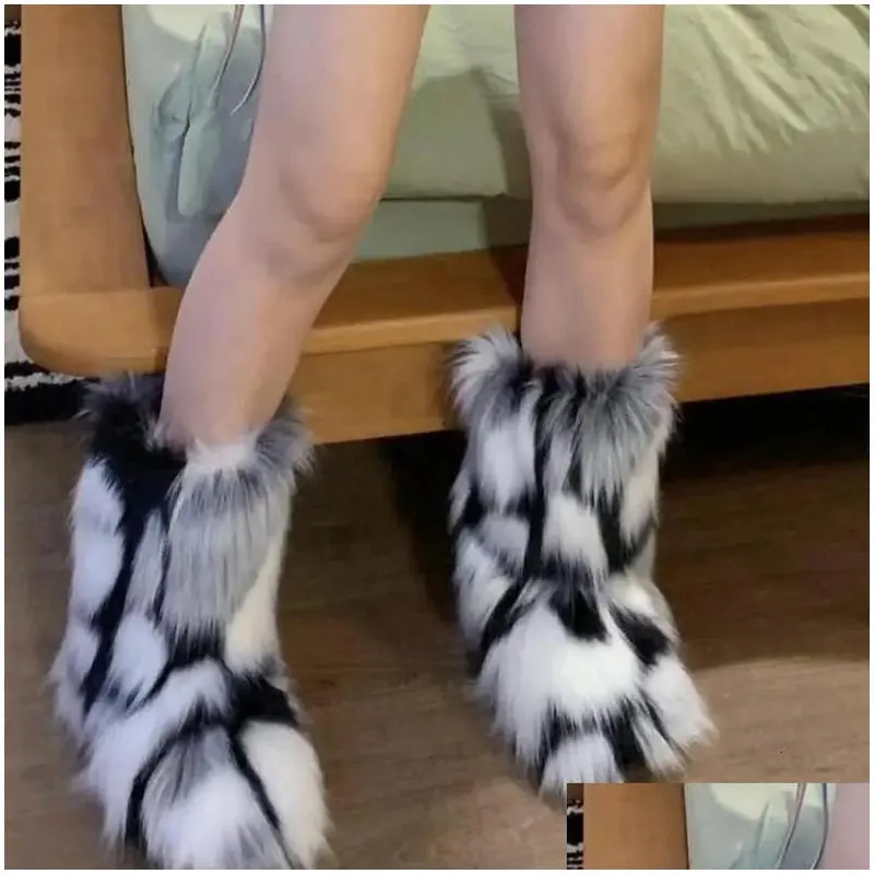 Botas zapatos de invierno para mujeres esponjes fox fox pelaje p nieve tibia calzado lujoso de lujo accesorios de entrega de mod