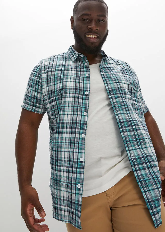 Camisa de manga corta con estampado de cuadros y corte cómodo Blanco + verde agua de cuadros
