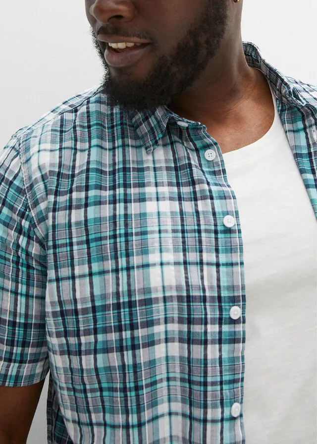 Camisa de manga corta con estampado de cuadros y corte cómodo Blanco + verde agua de cuadros