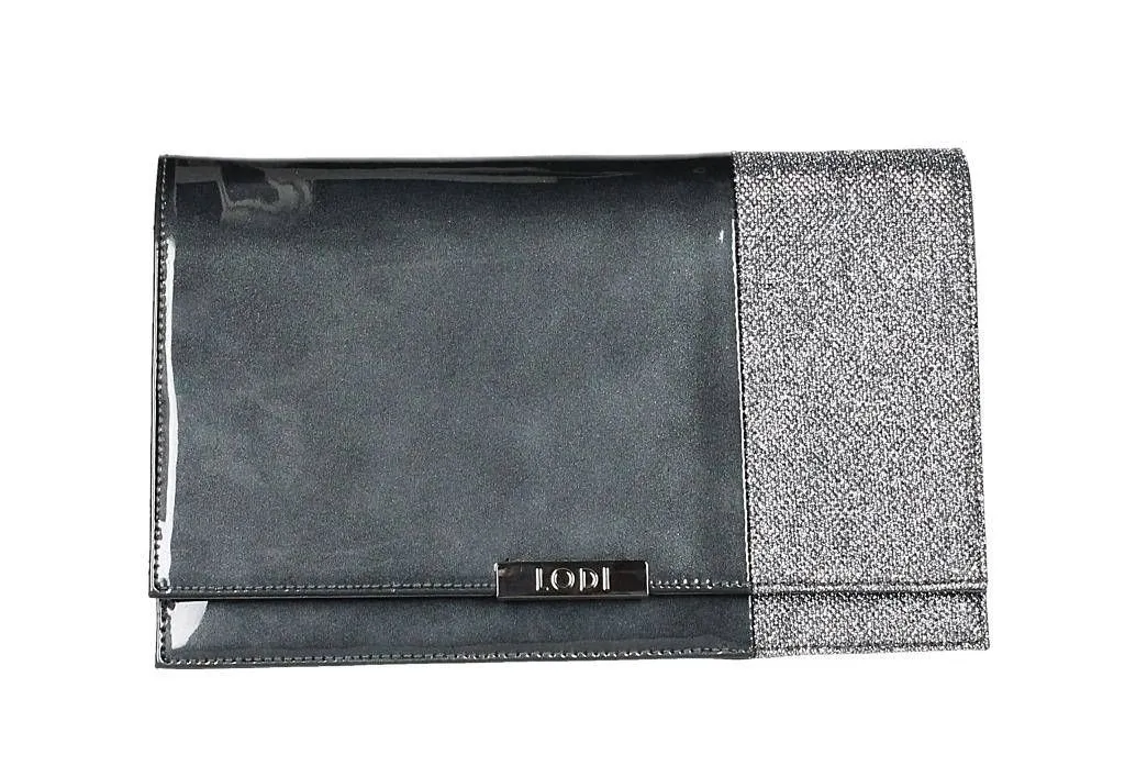 Cartera Charol Gris Banda Brillo Textil