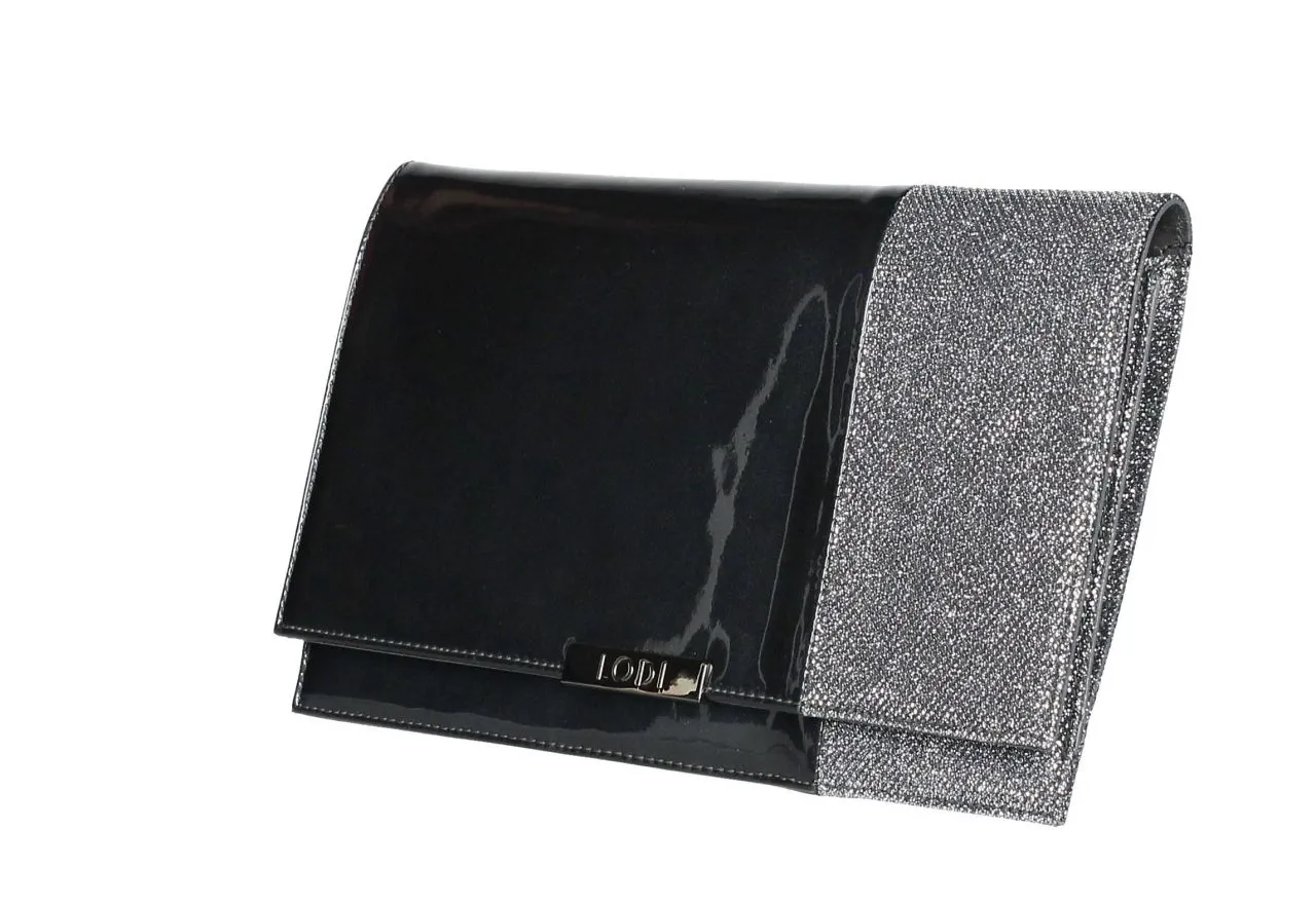 Cartera Charol Gris Banda Brillo Textil