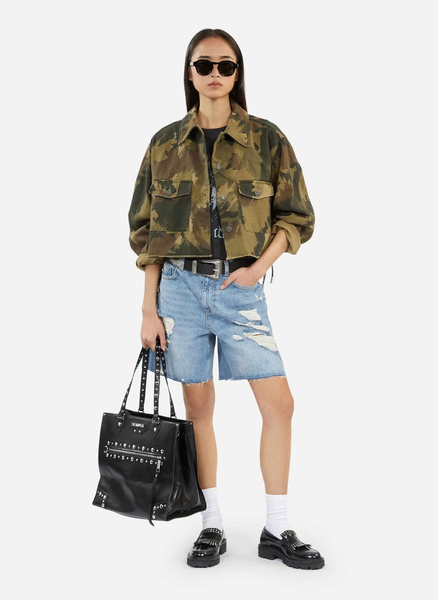 Chaqueta corta de mezclilla estampada en algodón en caqui