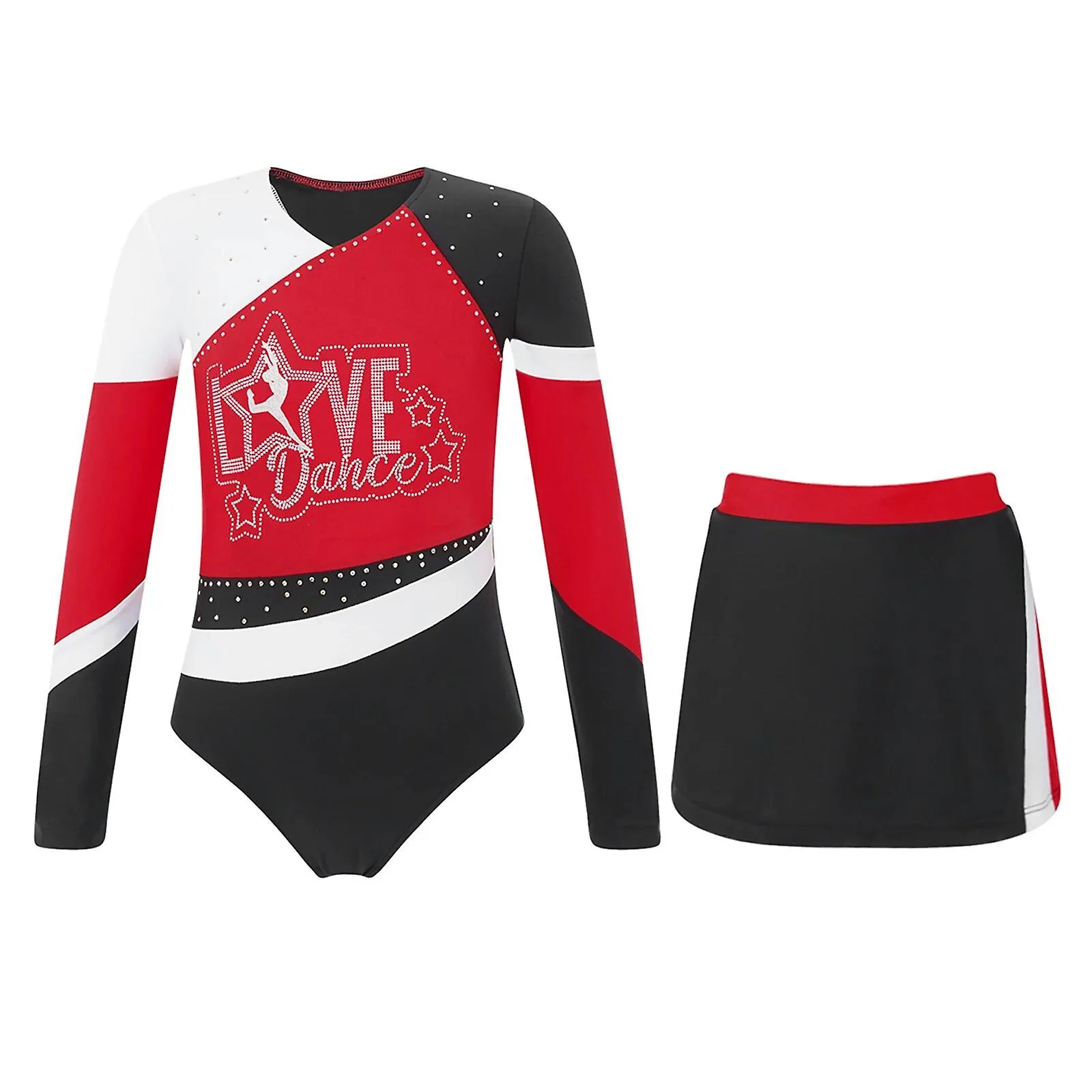 Conjunto de ropa de gimnasia para niños y niñas Leotardos de diamantes de imitación brillantes de manga larga + falda Mono de gi