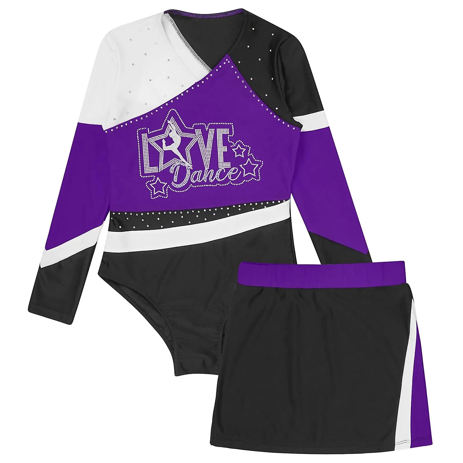 Conjunto de ropa de gimnasia para niños y niñas Leotardos de diamantes de imitación brillantes de manga larga + falda Mono de gi
