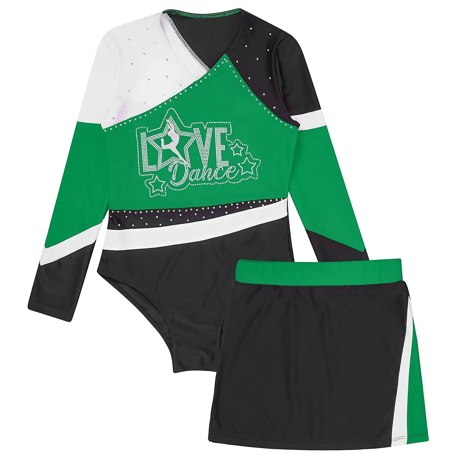 Conjunto de ropa de gimnasia para niños y niñas Leotardos de diamantes de imitación brillantes de manga larga + falda Mono de gi
