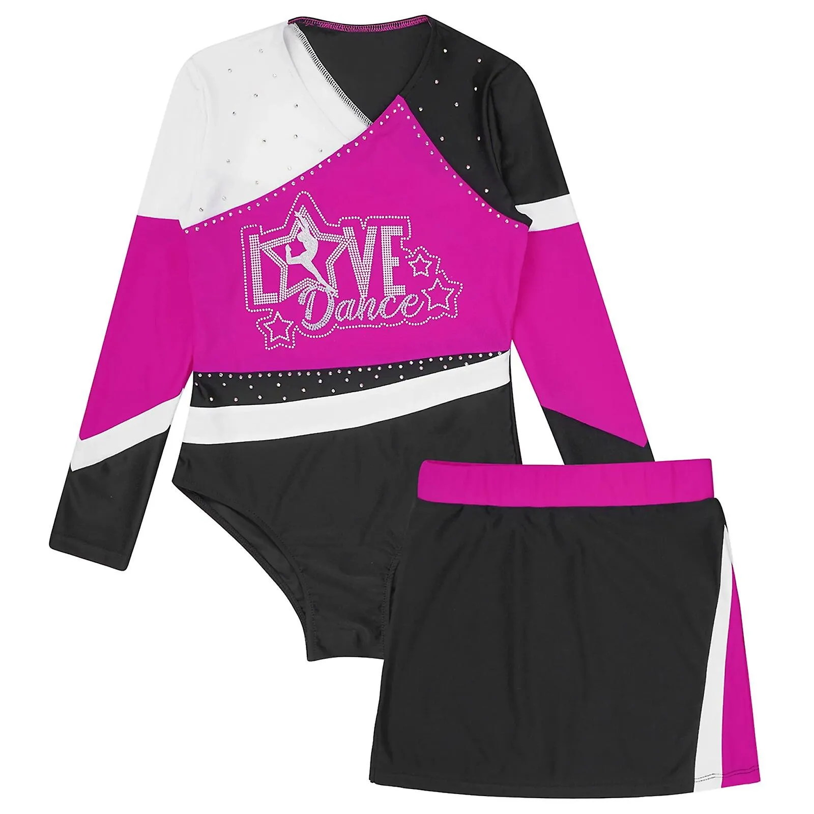 Conjunto de ropa de gimnasia para niños y niñas Leotardos de diamantes de imitación brillantes de manga larga + falda Mono de gi