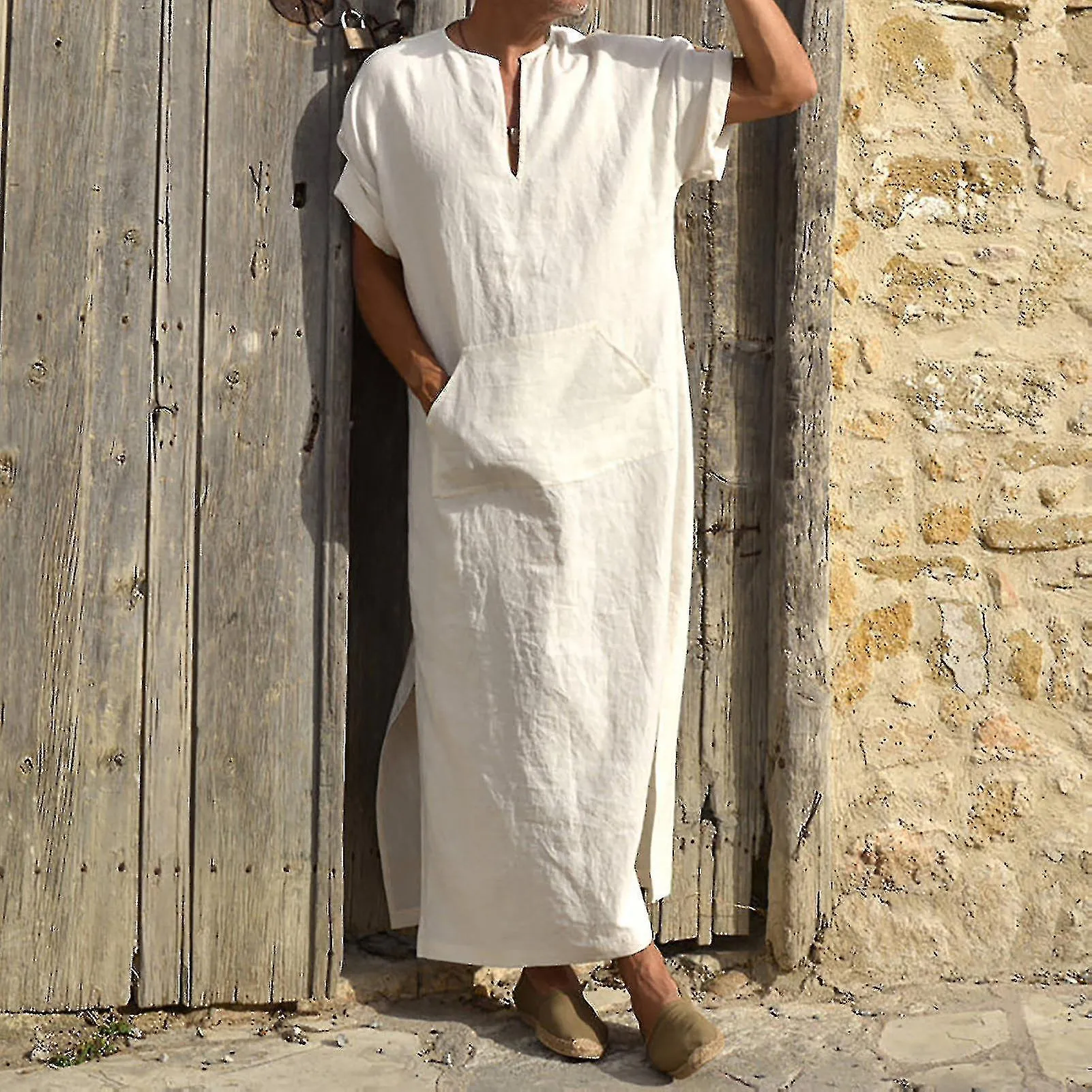DEEP VNECK MEN ROBE SHORT LOOSE ROBE ROPA TRADICIONAL