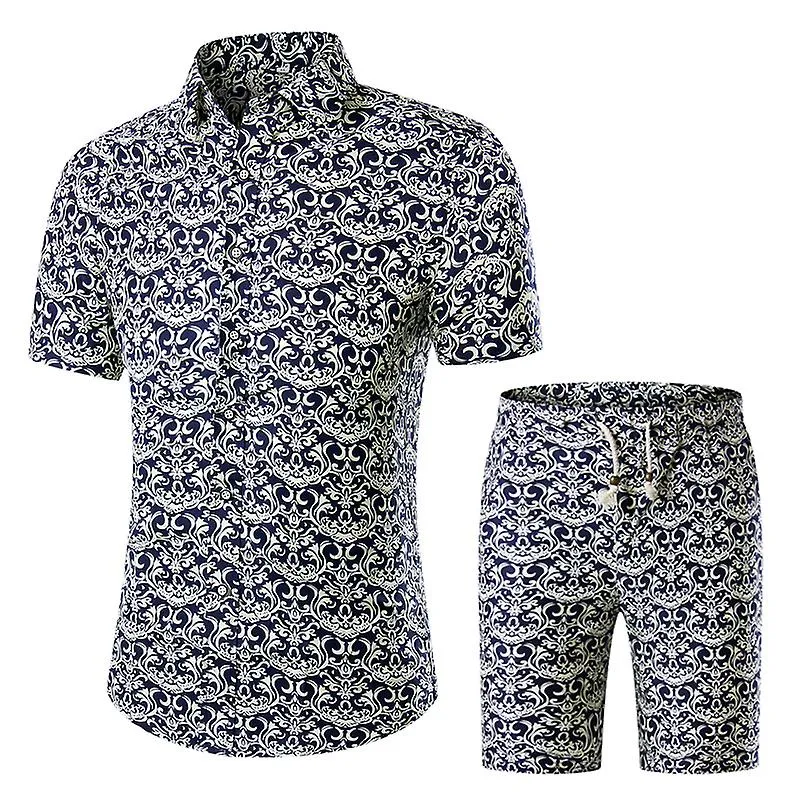 Drupum 2pcs Camisa de manga corta estampada para hombres Conjuntos de ropa delgada verano Slimming Thin Outfit Sets Talla europe