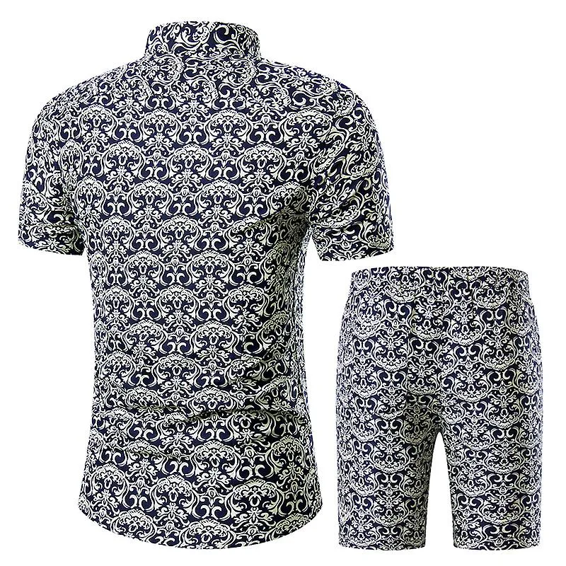 Drupum 2pcs Camisa de manga corta estampada para hombres Conjuntos de ropa delgada verano Slimming Thin Outfit Sets Talla europe