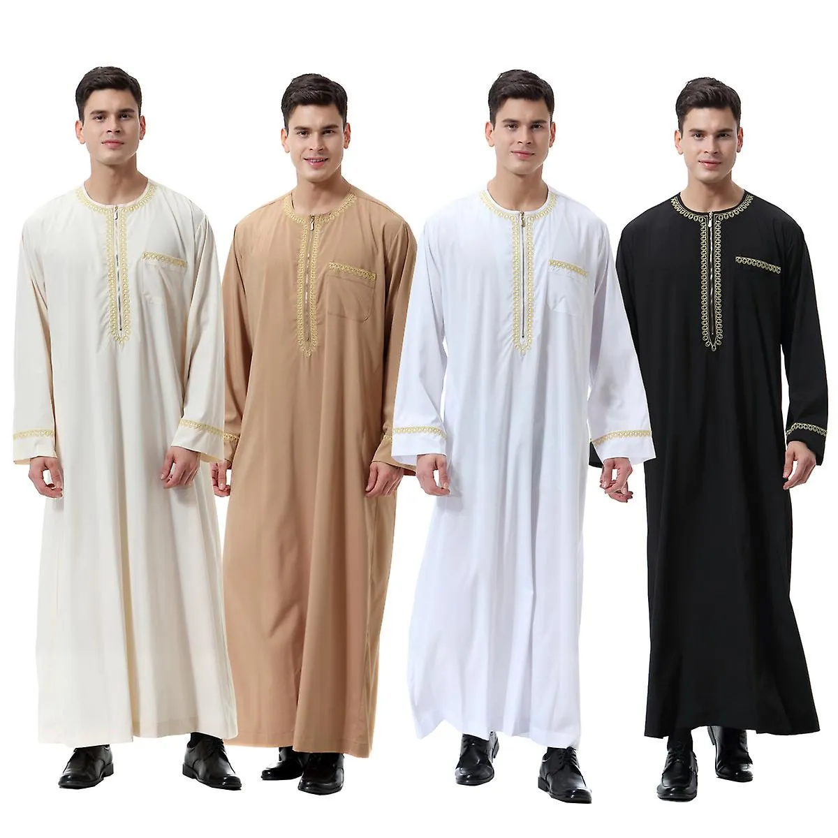 Hombre Musulmán Saudi Robe Dubai Long Zip Crew Neck Robe Top Thobe Ropa