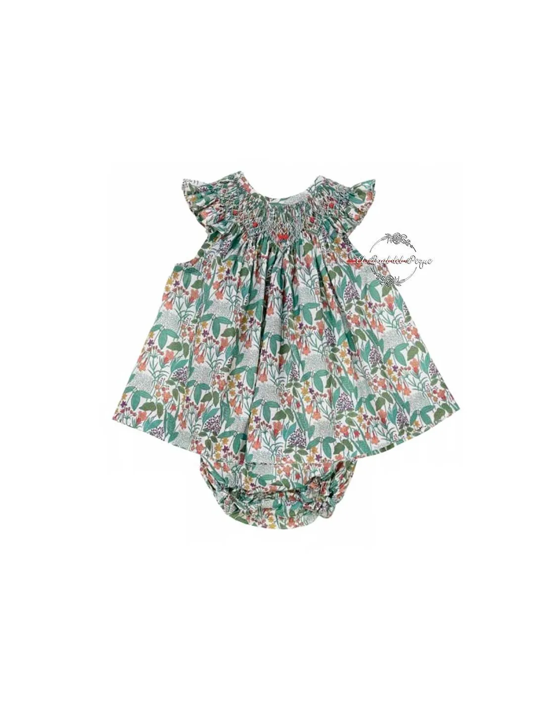 Jesusito Rosita Niña Tartaleta Estampado Verde Bordado a Mano