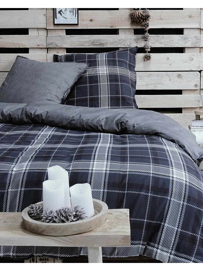 JUEGO DE CAMA DOBLE DE CUADROS  AZUL MARINO