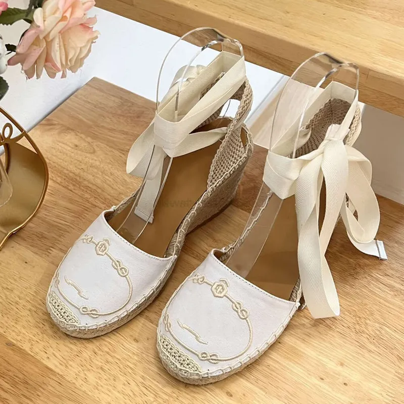 Lino Cuñas bordadas Sandalias Plataforma Bombas Tacones Punta circular Para mujer Diseñadores de lujo Cuero Alpargatas Suela ext