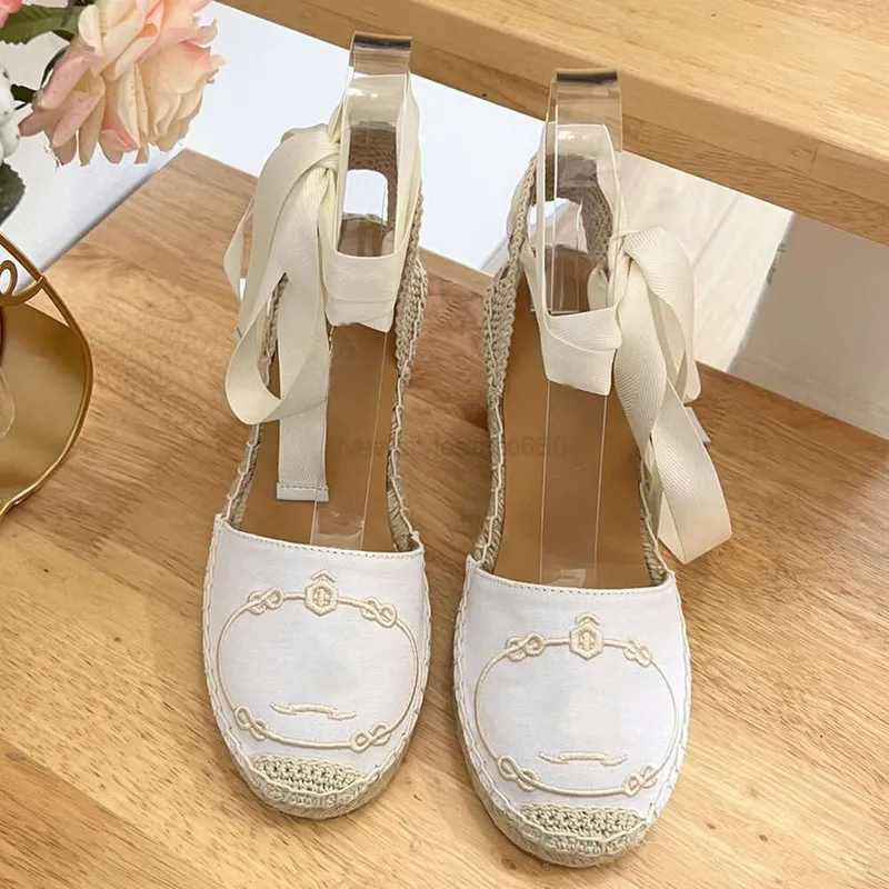 Lino Cuñas bordadas Sandalias Plataforma Bombas Tacones Punta circular Para mujer Diseñadores de lujo Cuero Alpargatas Suela ext