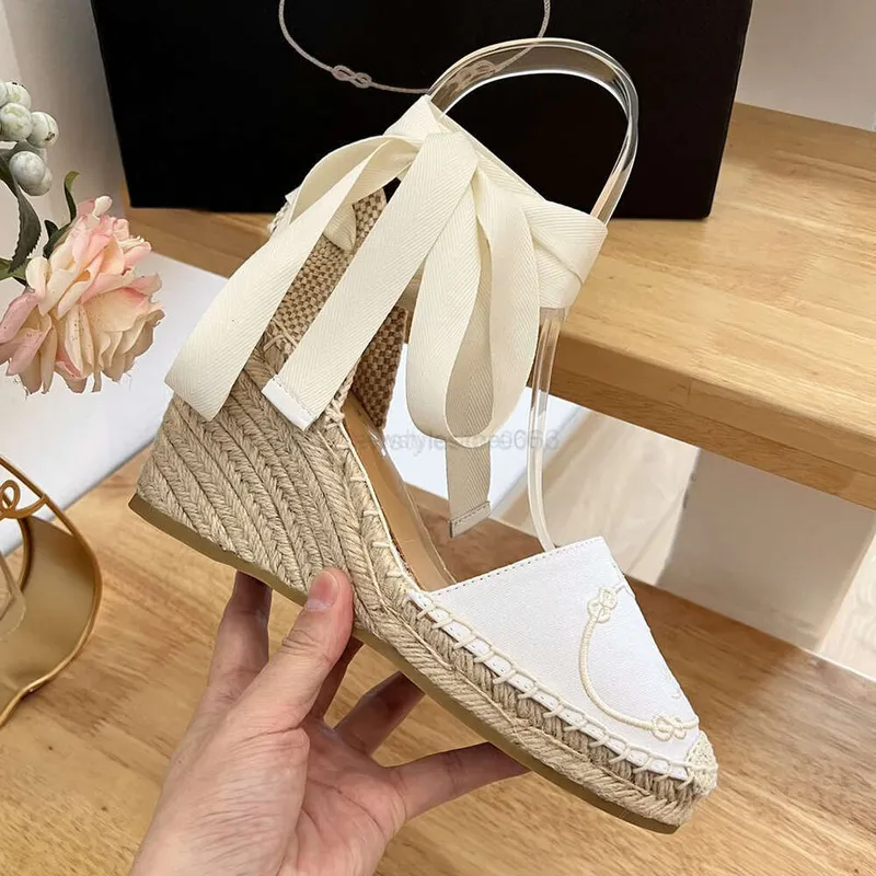 Lino Cuñas bordadas Sandalias Plataforma Bombas Tacones Punta circular Para mujer Diseñadores de lujo Cuero Alpargatas Suela ext