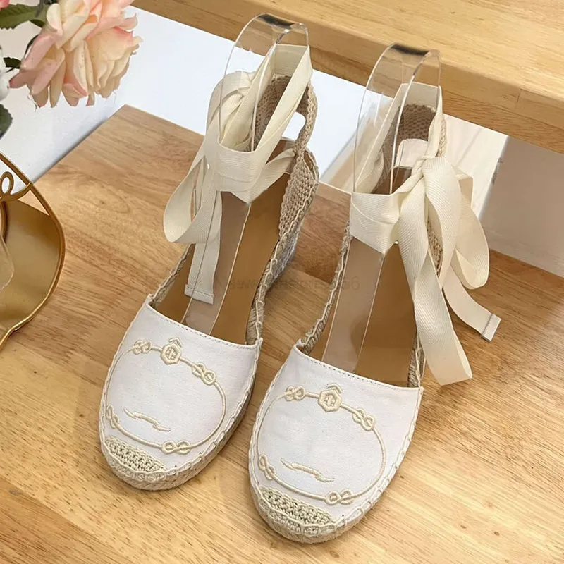 Lino Cuñas bordadas Sandalias Plataforma Bombas Tacones Punta circular Para mujer Diseñadores de lujo Cuero Alpargatas Suela ext