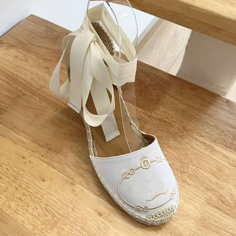 Lino Cuñas bordadas Sandalias Plataforma Bombas Tacones Punta circular Para mujer Diseñadores de lujo Cuero Alpargatas Suela ext