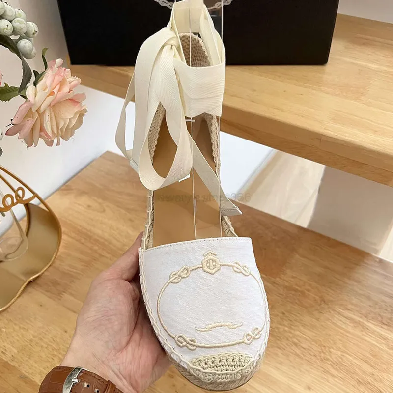 Lino Cuñas bordadas Sandalias Plataforma Bombas Tacones Punta circular Para mujer Diseñadores de lujo Cuero Alpargatas Suela ext
