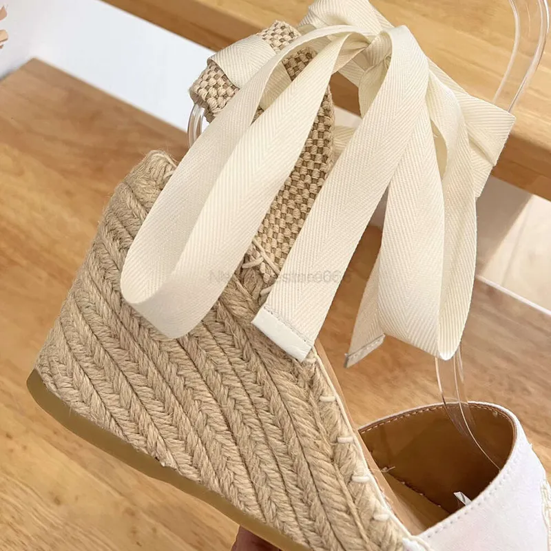 Lino Cuñas bordadas Sandalias Plataforma Bombas Tacones Punta circular Para mujer Diseñadores de lujo Cuero Alpargatas Suela ext