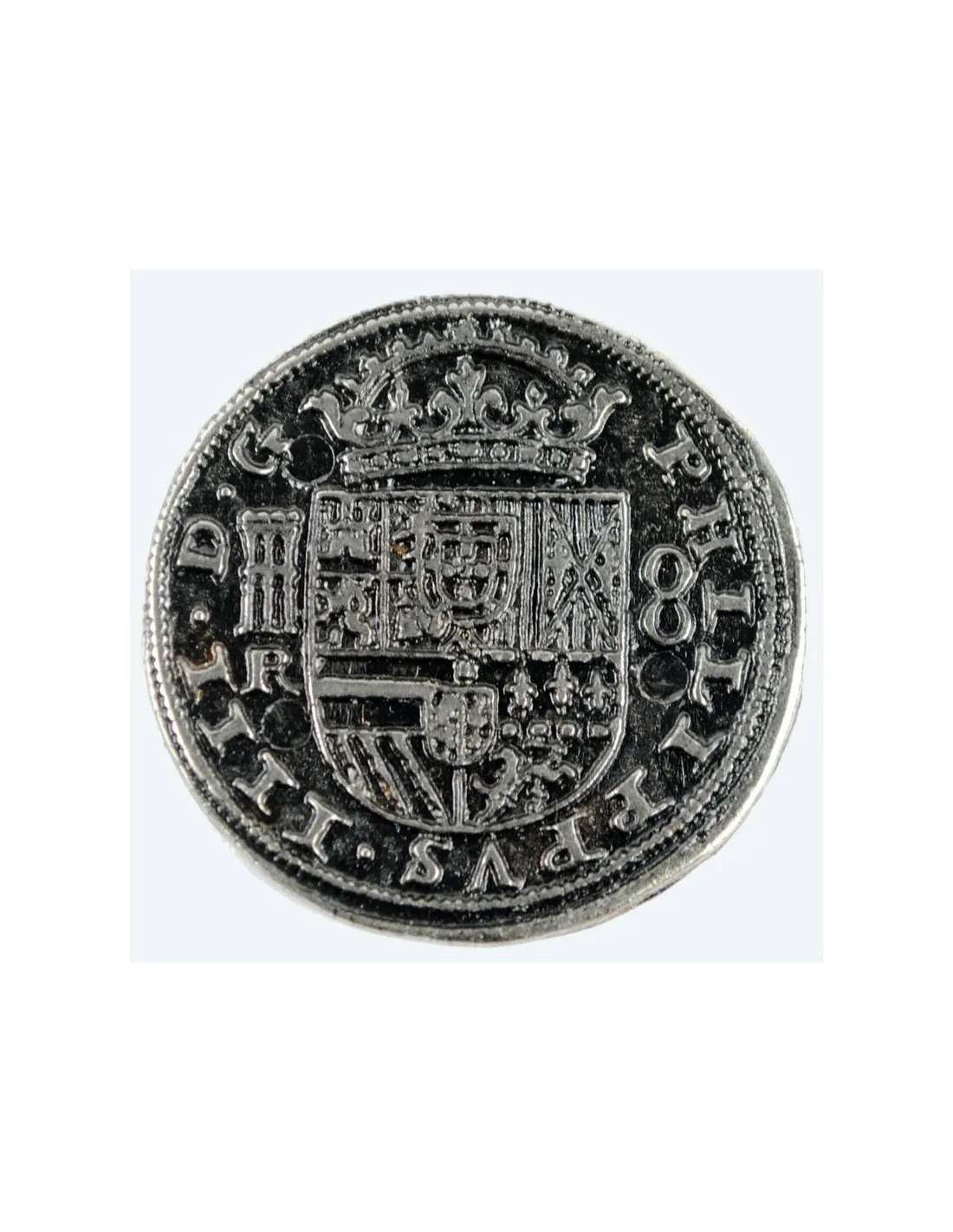 Moneda 8 reales plateada, 3,5 cms.