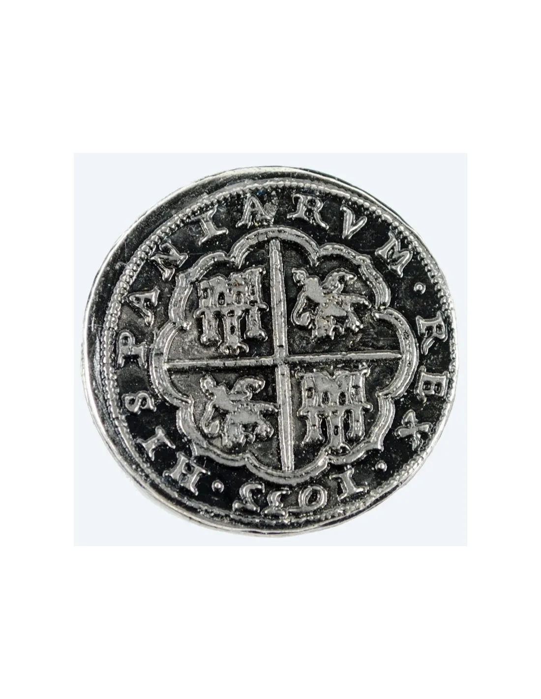 Moneda 8 reales plateada, 3,5 cms.