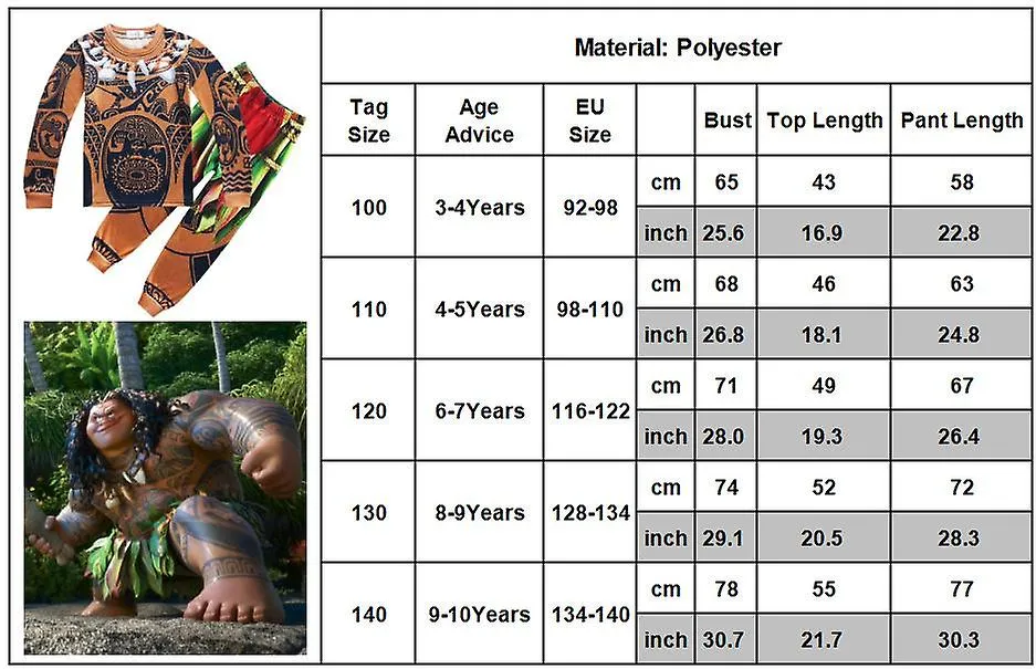 Niños Niños Moana Maui Disfraz Pijamas Pjs Manga Larga Ropa de Dormir Maui Tatuaje Pijamas Tops Con Fondos Conjuntos