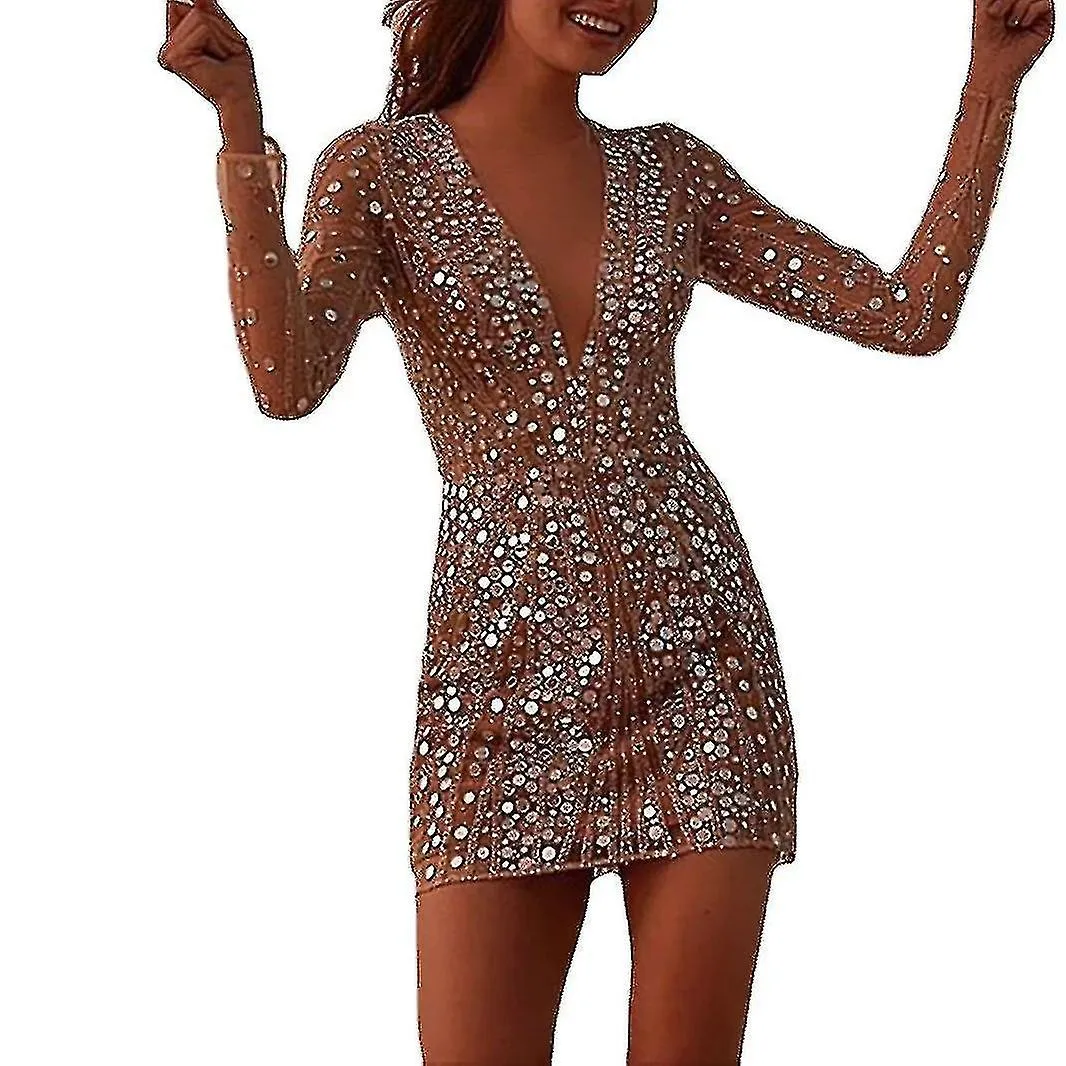 NUEVA ROPA TRANSFRONTERIZA PARA MUJERES EUROPEAS Y ESTADOUNIDENSES EBAY DRESS DEEP V SEETHROUGH LONG SLEEVE SHORT DRESS GOLD DR