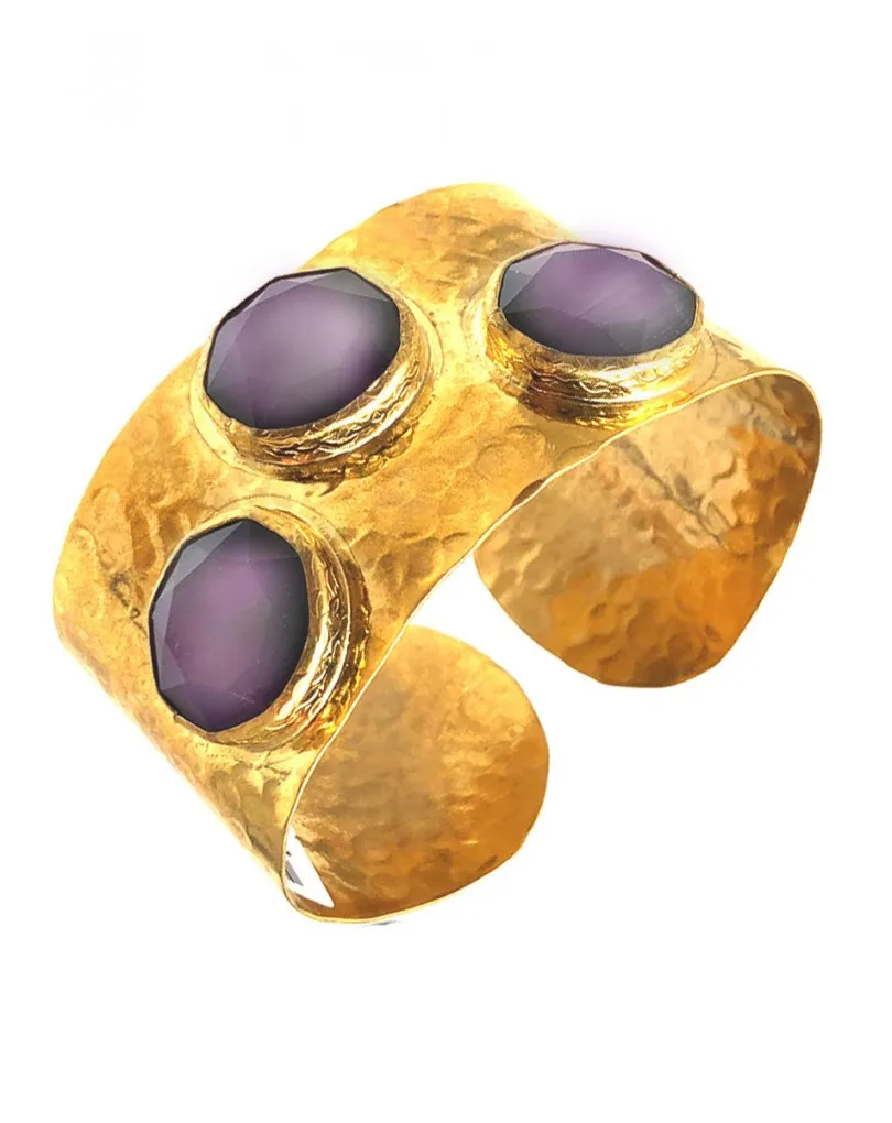ORIGINALES BRAZALETES GRANDES CHAPADOS EN ORO CON PIEDRAS GRISES