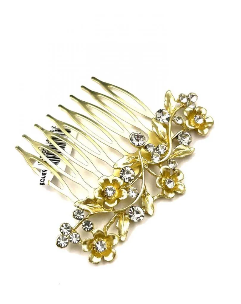 PEINETAS DORADAS PEQUEÑAS PARA BODAS CON FLORECITAS Y DESTELLOS CRISTAL
