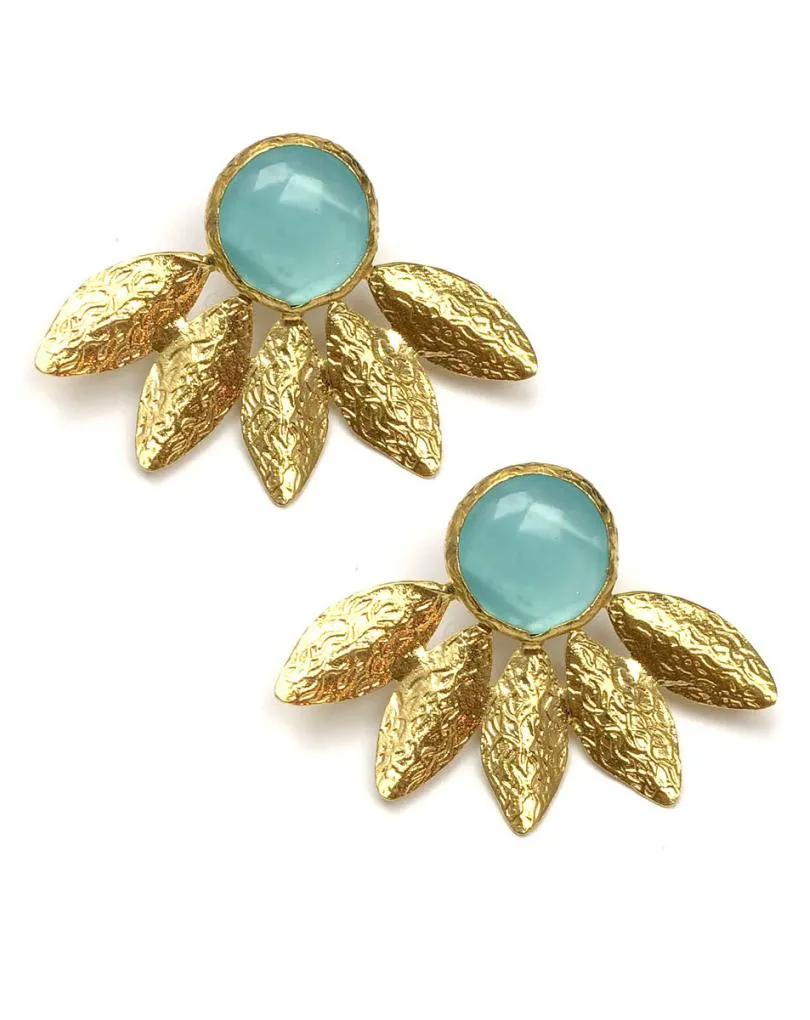 PENDIENTES MODA MUJER HOJAS DE MARGARITA Y PIEDRA VERDE