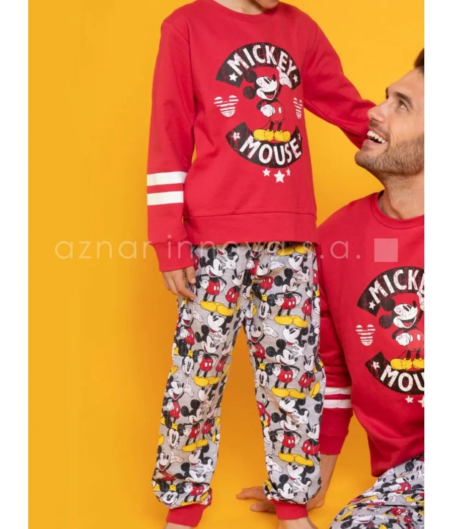 Pijama familiar invierno niño Disney Mickey puños rojo algodón