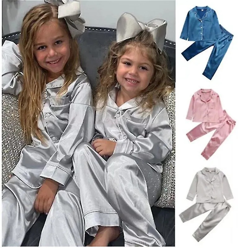 Pijamas para niños Top + pantalones Satén de seda pijama sólido con botones