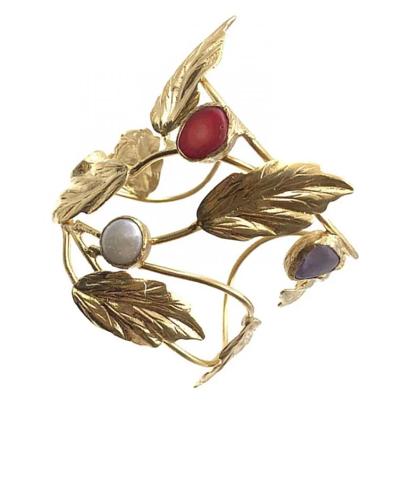 PULSERAS DORADAS DE MODA DISEÑO CALADO DE HOJAS Y PEDRERIA