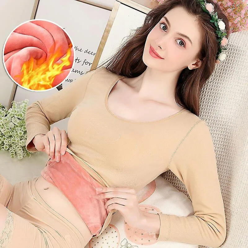 Ropa interior térmica Mujeres Plus Terciopelo Gruesa Ropa de Otoño Damas Camisa De Fondo Cuerpo Medias Color Sólido Cuello Redon
