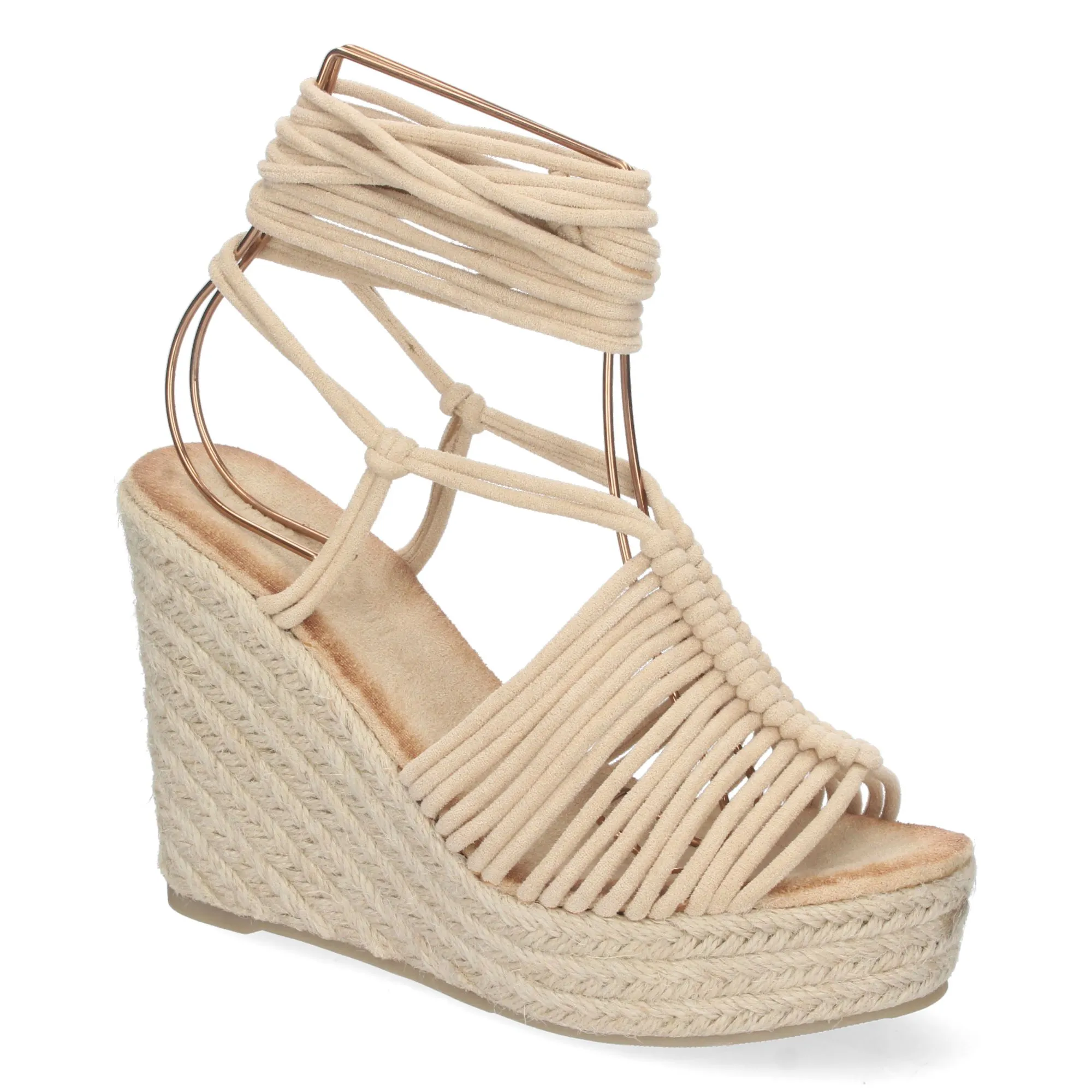 Sandalias cuña forrada de yute diseño tiras color beige