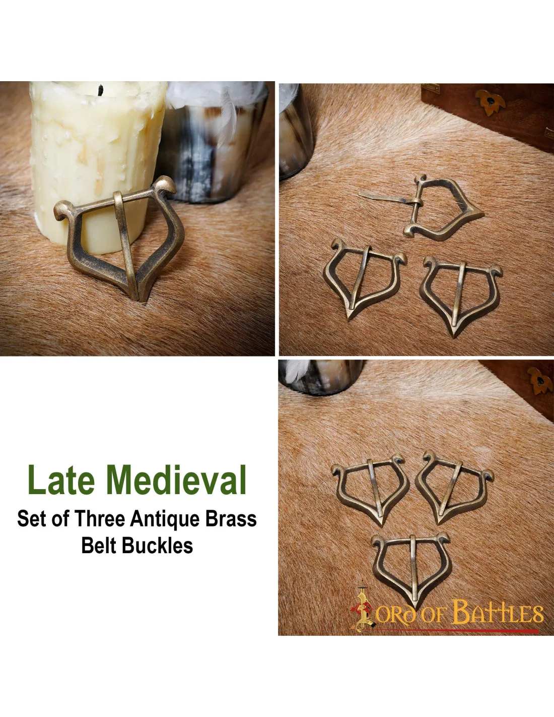 Set 3 hebillas medievales pequeñas en latón antiguo