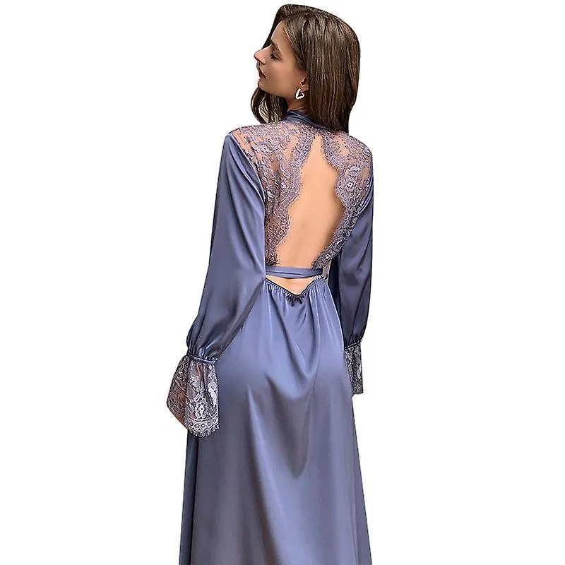 Sexy encaje de las mujeres Bata de manga larga Satén Kimono Ropa de dormir Dama de honor Fiesta de boda Ropa de noche