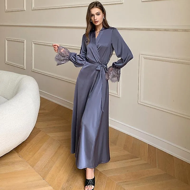 Sexy encaje de las mujeres Bata de manga larga Satén Kimono Ropa de dormir Dama de honor Fiesta de boda Ropa de noche