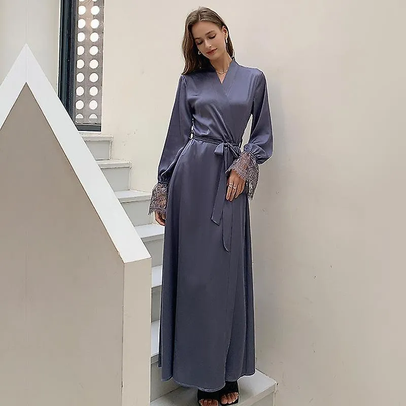 Sexy encaje de las mujeres Bata de manga larga Satén Kimono Ropa de dormir Dama de honor Fiesta de boda Ropa de noche